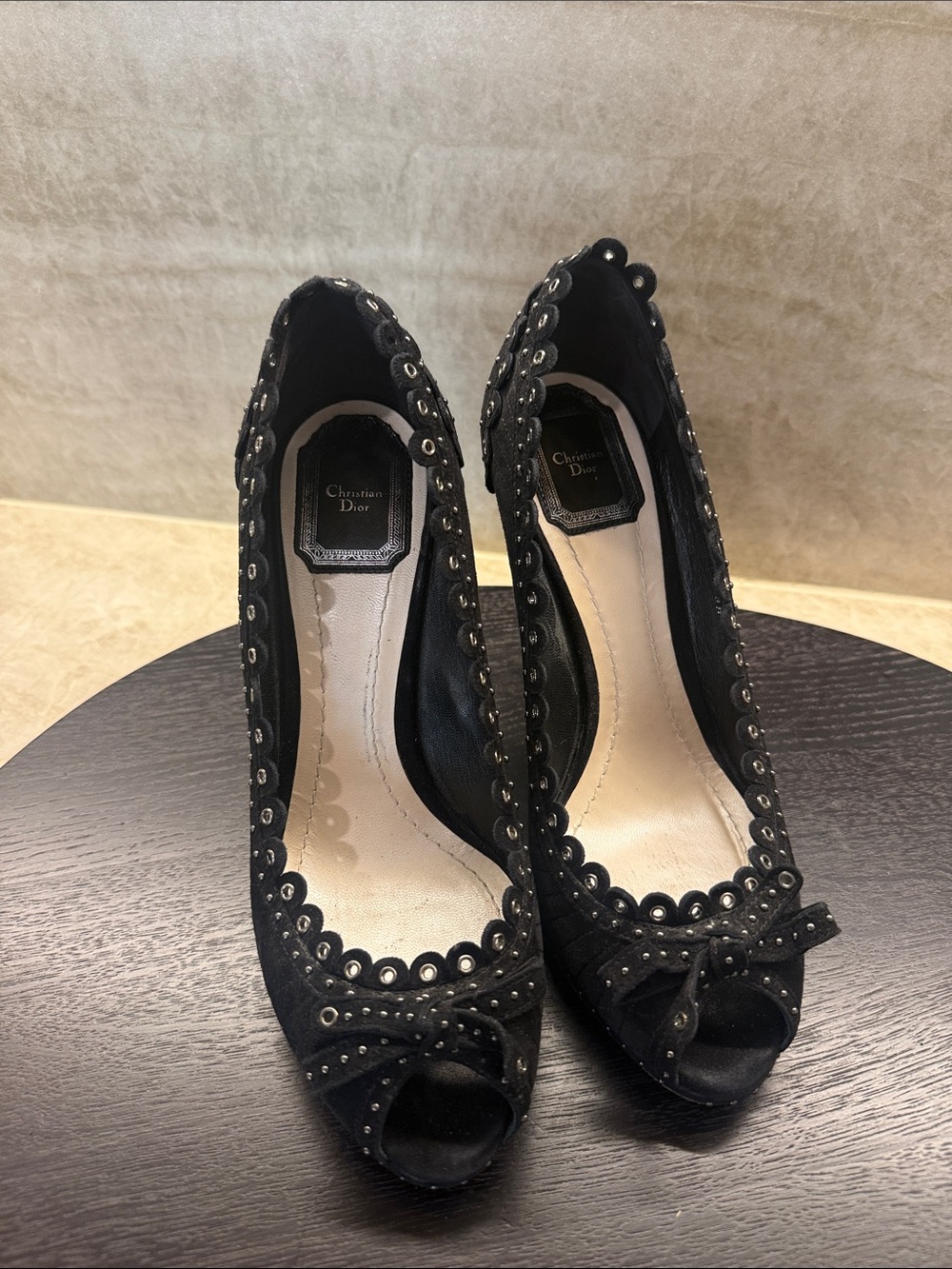Vintage Christian Dior Black Suede Studded Muse Peep-Toe Heels with Bow - Picture 5 of 5